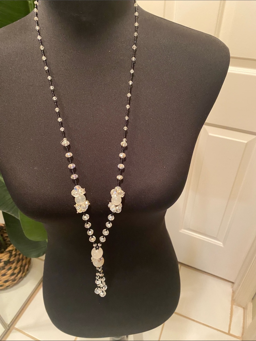 Crystal Beaded Long Pendant Necklace in Clear/White